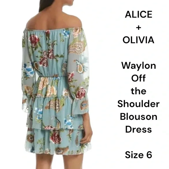 Alice + Olivia Aqua Multicolor floral Waylon Off-the-Shoulder Blouson Dress sz 6
